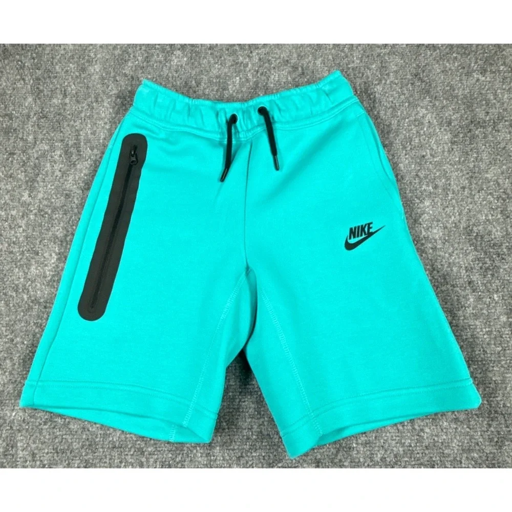 Nike Tech Kids Small Teal Green Fleece Drawstring Shorts Zip Pocket NWT